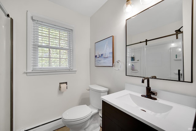 302 N Main St, Culver, IN 46511 - full bath featuring a baseboard heating unit, toilet, a shower, and vanity