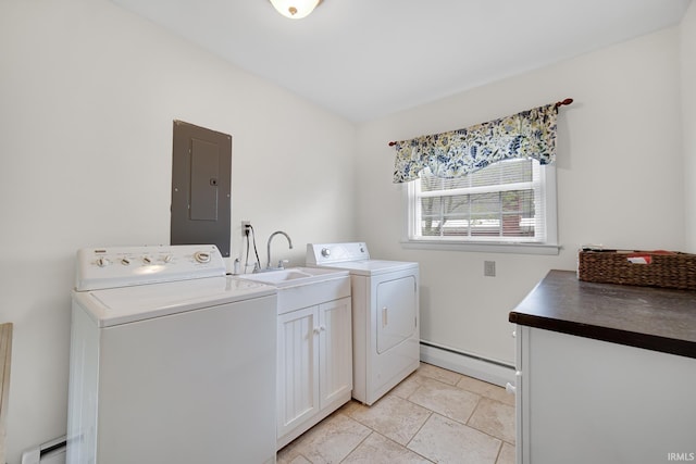 302 N Main St, Culver, IN 46511 - laundry area with electric panel, baseboard heating, separate washer and dryer, and cabinet space