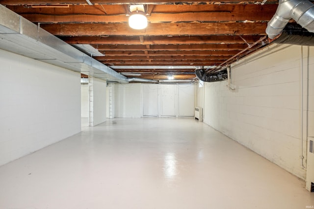 unfinished basement featuring concrete block wall