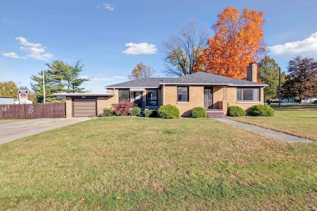 single story home with a front yard, a chimney, concrete driveway, an attached garage, and fence