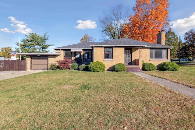 ranch-style house with a front lawn, a chimney, driveway, brick siding, and fence