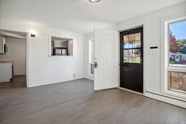 entryway with a baseboard radiator and wood finished floors