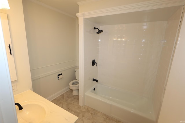 bathroom with shower / tub combination, toilet, ornamental molding, tile patterned floors, and vanity