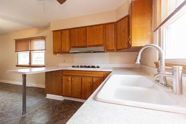 315 E Dean St, South Bend, IN 46614 - kitchen featuring a sink, under cabinet range hood, brown cabinetry, light countertops, and gas cooktop