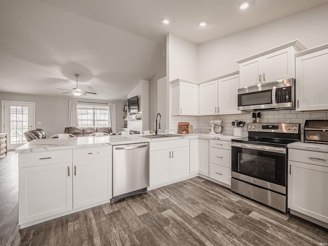 kitchen featuring a peninsula, stainless steel appliances, ceiling fan, a sink, and open floor plan
