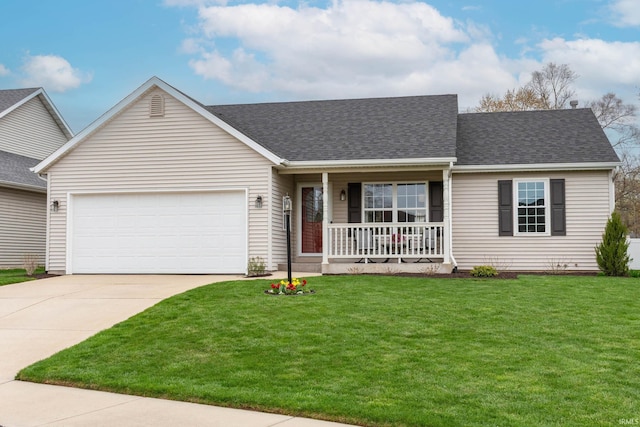view of front facade featuring covered porch, roof with shingles, a front lawn, concrete driveway, and an attached garage