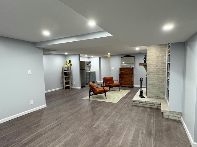 2306 Carmel Dr, West Lafayette, IN 47906 - living area with a brick fireplace, recessed lighting, baseboards, and dark wood finished floors