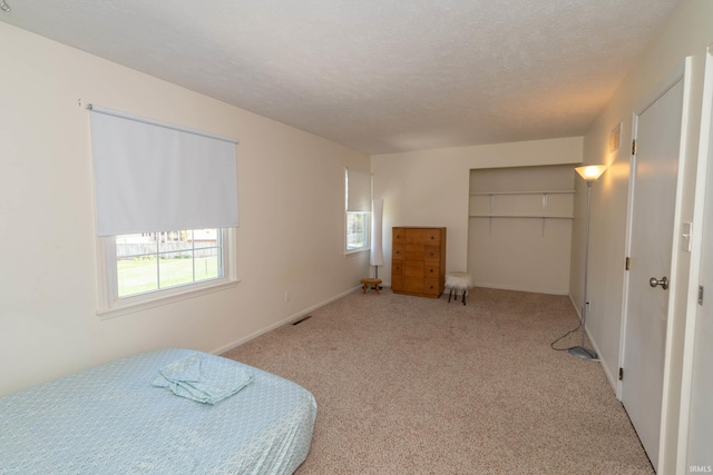 bedroom featuring carpet floors, multiple windows, and a closet
