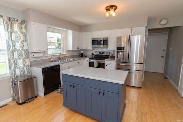 kitchen featuring white cabinets, stainless steel appliances, a sink, and backsplash