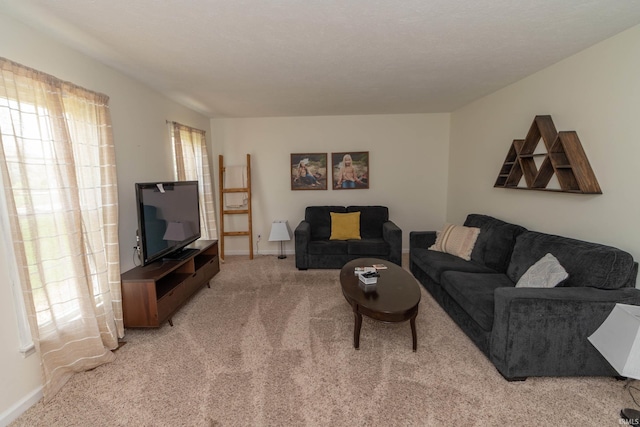 living room featuring baseboards and light colored carpet