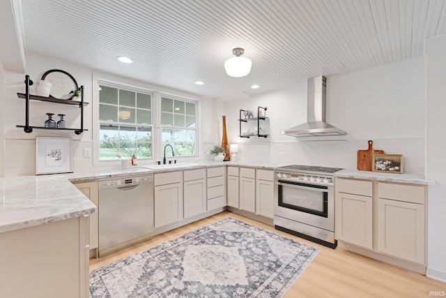 kitchen featuring stainless steel gas stove, dishwashing machine, wall chimney range hood, tasteful backsplash, and a sink