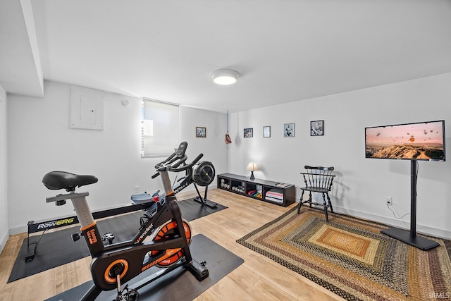 workout area with baseboards, electric panel, and wood finished floors