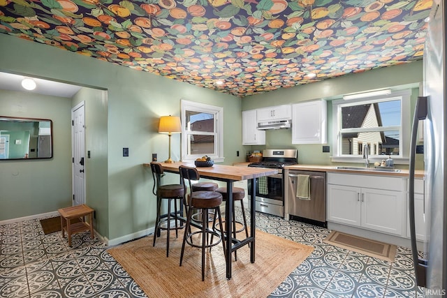 kitchen featuring white cabinets, appliances with stainless steel finishes, a sink, baseboards, and under cabinet range hood