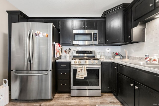 kitchen featuring dark cabinets, appliances with stainless steel finishes, tasteful backsplash, and light wood-style floors