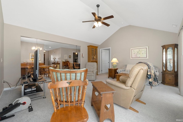 living room with high vaulted ceiling, light carpet, and a ceiling fan