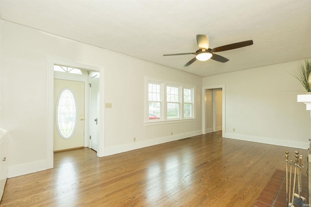 foyer with a ceiling fan, wood finished floors, and a wealth of natural light