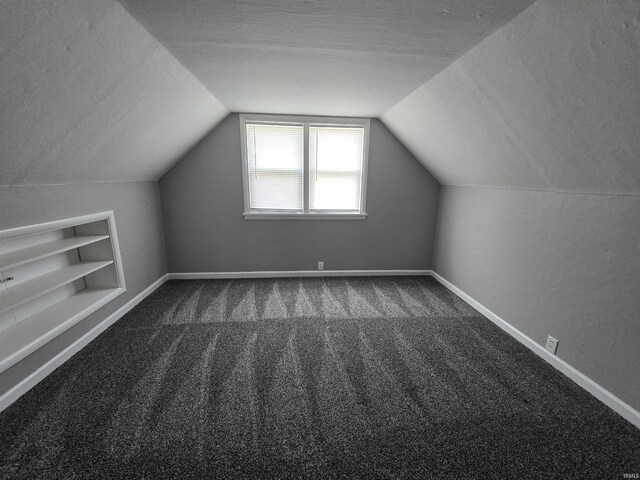 bonus room featuring a textured ceiling, built in shelves, carpet, baseboards, and lofted ceiling