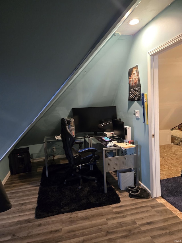 home office with recessed lighting, baseboards, wood finished floors, and lofted ceiling