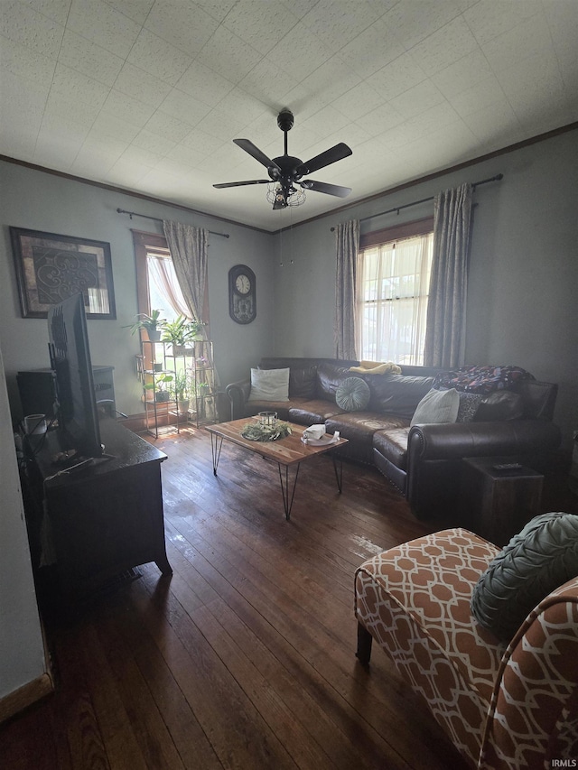 living area with ceiling fan and hardwood / wood-style floors