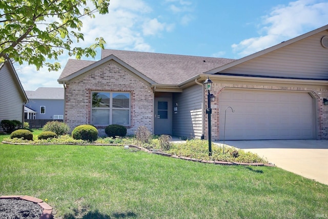 single story home featuring a shingled roof, an attached garage, brick siding, a front yard, and driveway