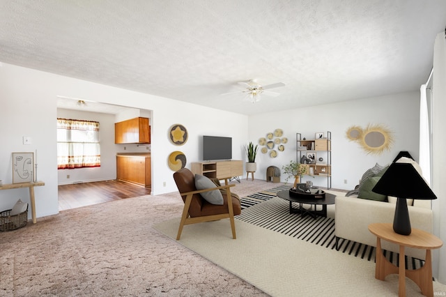 208 E Hickory Grove Rd, Hartford City, IN 47348 - living room featuring ceiling fan, carpet, and a textured ceiling