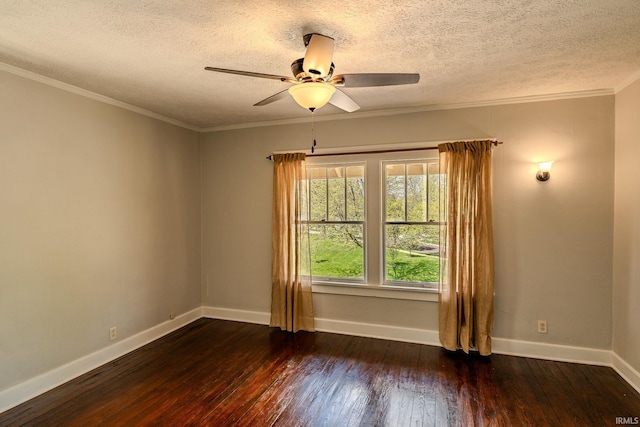 unfurnished room featuring wood-type flooring, a textured ceiling, baseboards, and ceiling fan