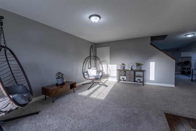 living area featuring baseboards and carpet