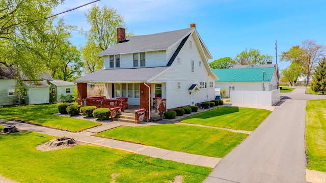 view of front of property with a porch, a front lawn, fence, and a chimney