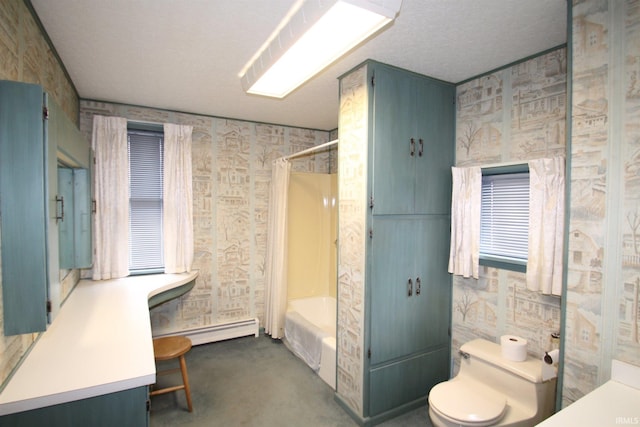 full bathroom featuring vanity, shower / bath combination with curtain, toilet, wallpapered walls, and a baseboard heating unit