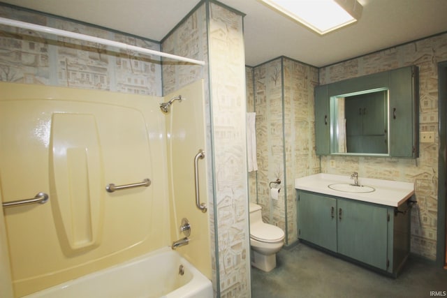 bathroom featuring toilet, wallpapered walls, shower / washtub combination, and vanity