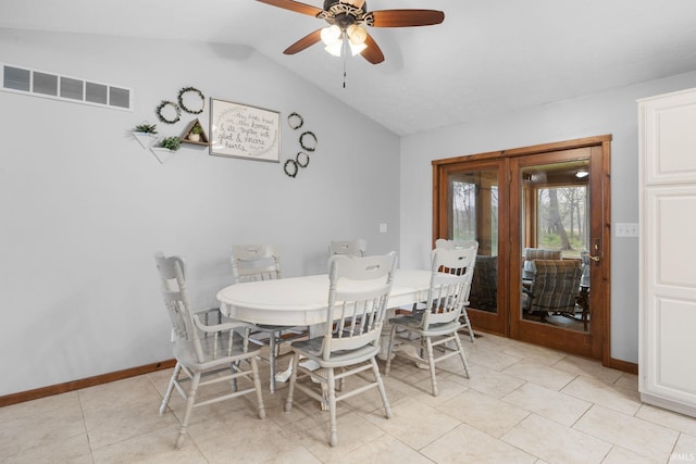 dining room with visible vents, lofted ceiling, baseboards, french doors, and a ceiling fan