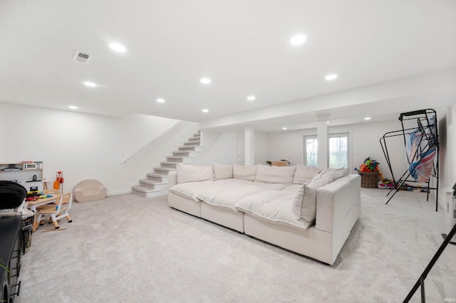 13440 N Summerhill Dr, Albany, IN 47320 - living area featuring visible vents, light carpet, recessed lighting, and stairs