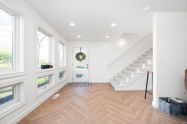 13440 N Summerhill Dr, Albany, IN 47320 - foyer entrance featuring stairway, baseboards, recessed lighting, and visible vents