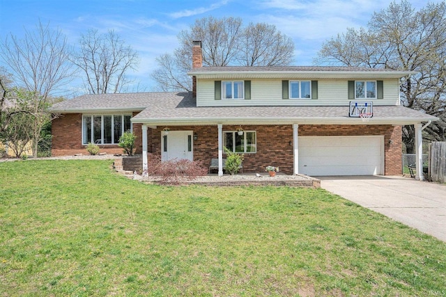 tri-level home with a chimney, a garage, brick siding, fence, and concrete driveway