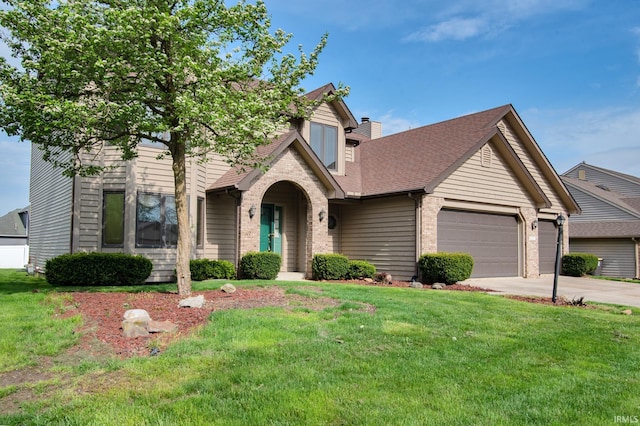 view of front of home with a shingled roof, an attached garage, concrete driveway, and brick siding