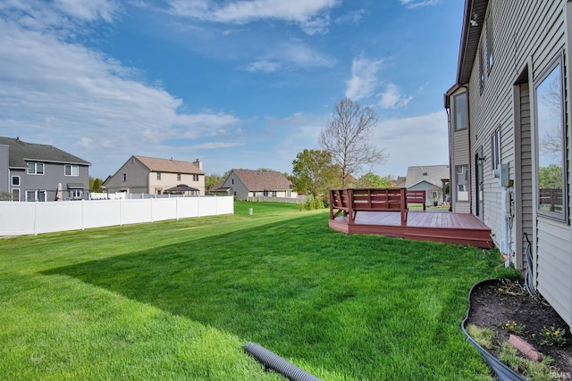 view of yard featuring a deck, fence, and a residential view
