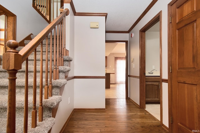 interior space with baseboards, ornamental molding, and wood finished floors