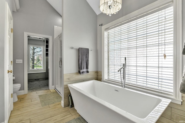 full bathroom featuring a freestanding bath, a stall shower, wood finished floors, toilet, and lofted ceiling