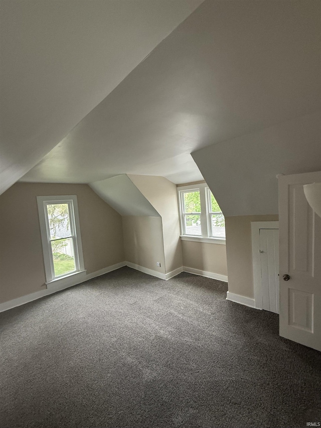 additional living space featuring baseboards, vaulted ceiling, and dark colored carpet