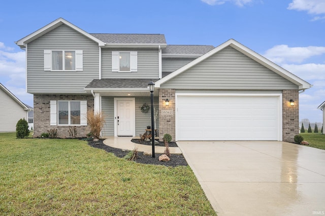 view of front of house with brick siding, a shingled roof, a front yard, and concrete driveway
