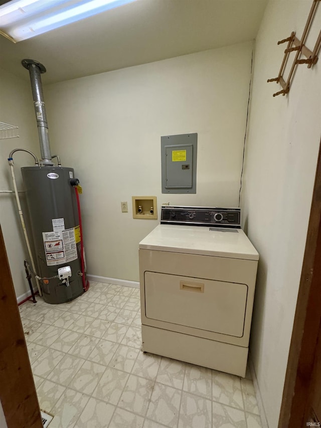 laundry room with laundry area, electric panel, washer / clothes dryer, baseboards, and water heater