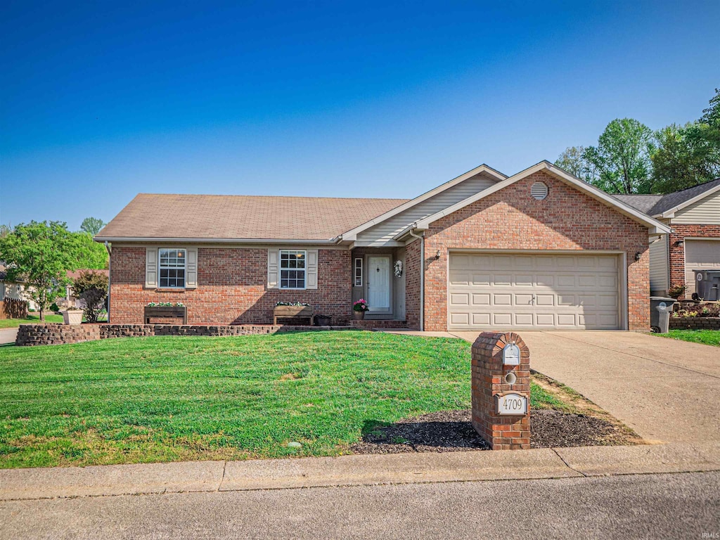 ranch-style house featuring concrete driveway, a front lawn, and brick siding