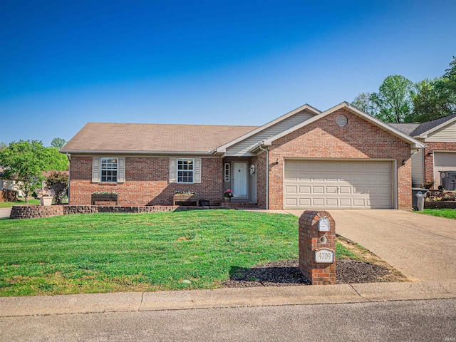 ranch-style house featuring concrete driveway, a front lawn, and brick siding
