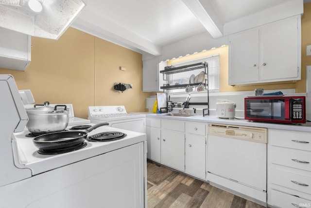 kitchen with beam ceiling, white dishwasher, light countertops, white cabinets, and light wood finished floors