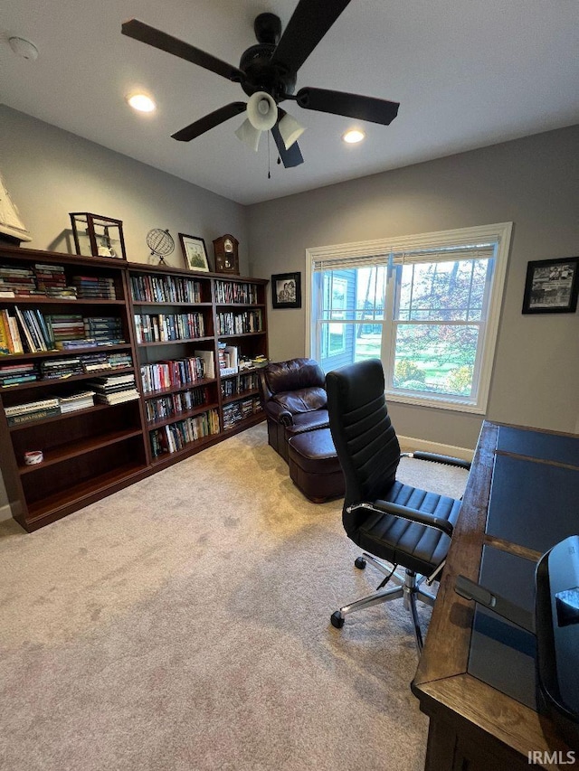 carpeted home office with recessed lighting and ceiling fan