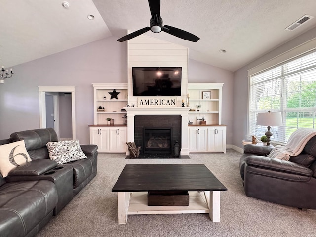 living area with visible vents, a brick fireplace, light colored carpet, a ceiling fan, and vaulted ceiling