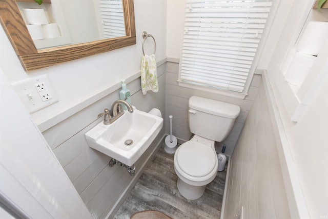 bathroom with tile walls, wainscoting, wood finished floors, a sink, and toilet