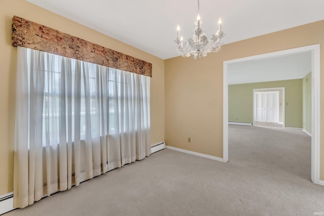 8818 Fortuna Way, Fort Wayne, IN 46815 - empty room with carpet floors, baseboards, baseboard heating, a chandelier, and a baseboard radiator