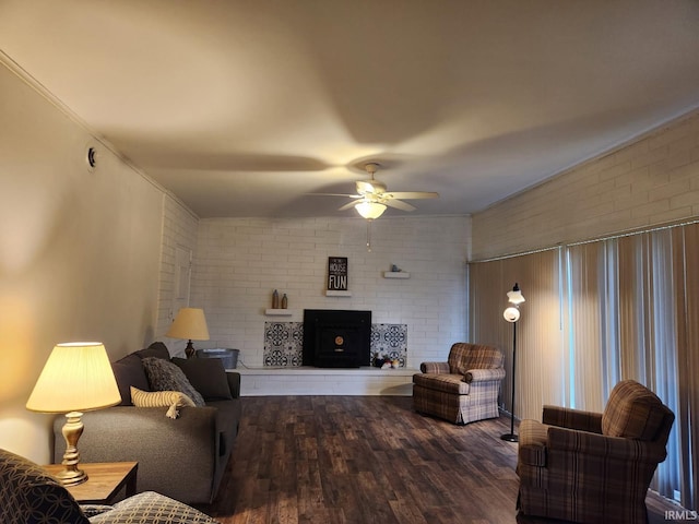 2203 S Valley Ave, Marion, IN 46953 - living area with ornamental molding, ceiling fan, wood finished floors, and brick wall