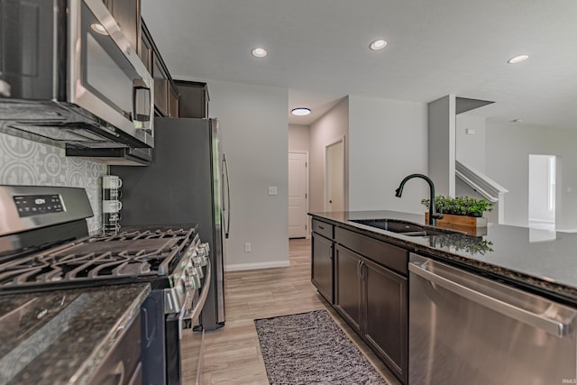 kitchen featuring a sink, dark stone countertops, dark brown cabinets, and stainless steel appliances